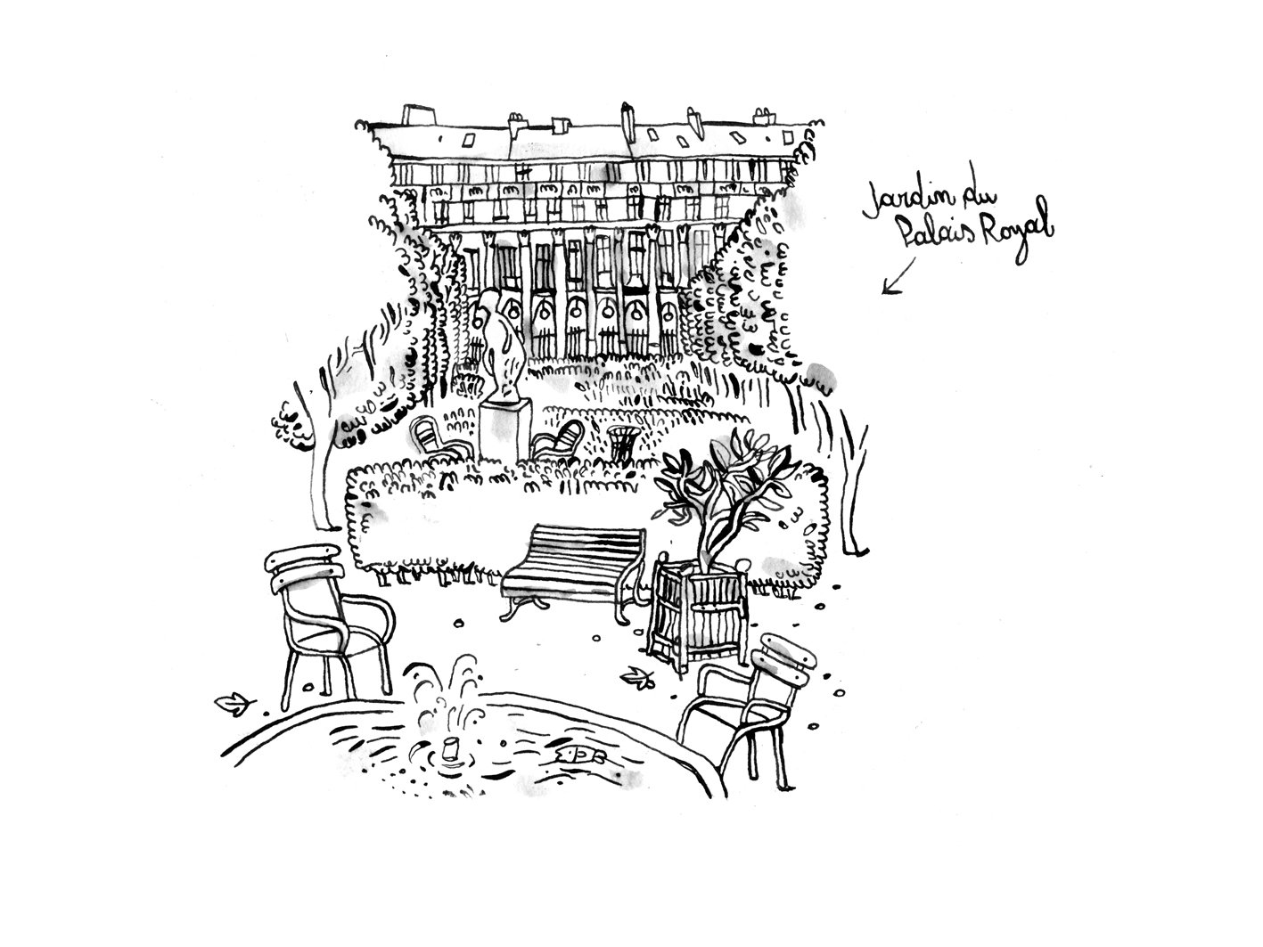 Dessin à la plume représentant le jardin du Palais Royal à Paris signé par guillaume reynard 