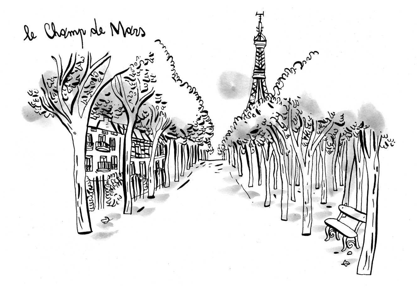 Dessin à la plume du Champ-de-Mars à Paris par Guillaume Reynard avec allée d&#039;arbre, immeuble et banc
