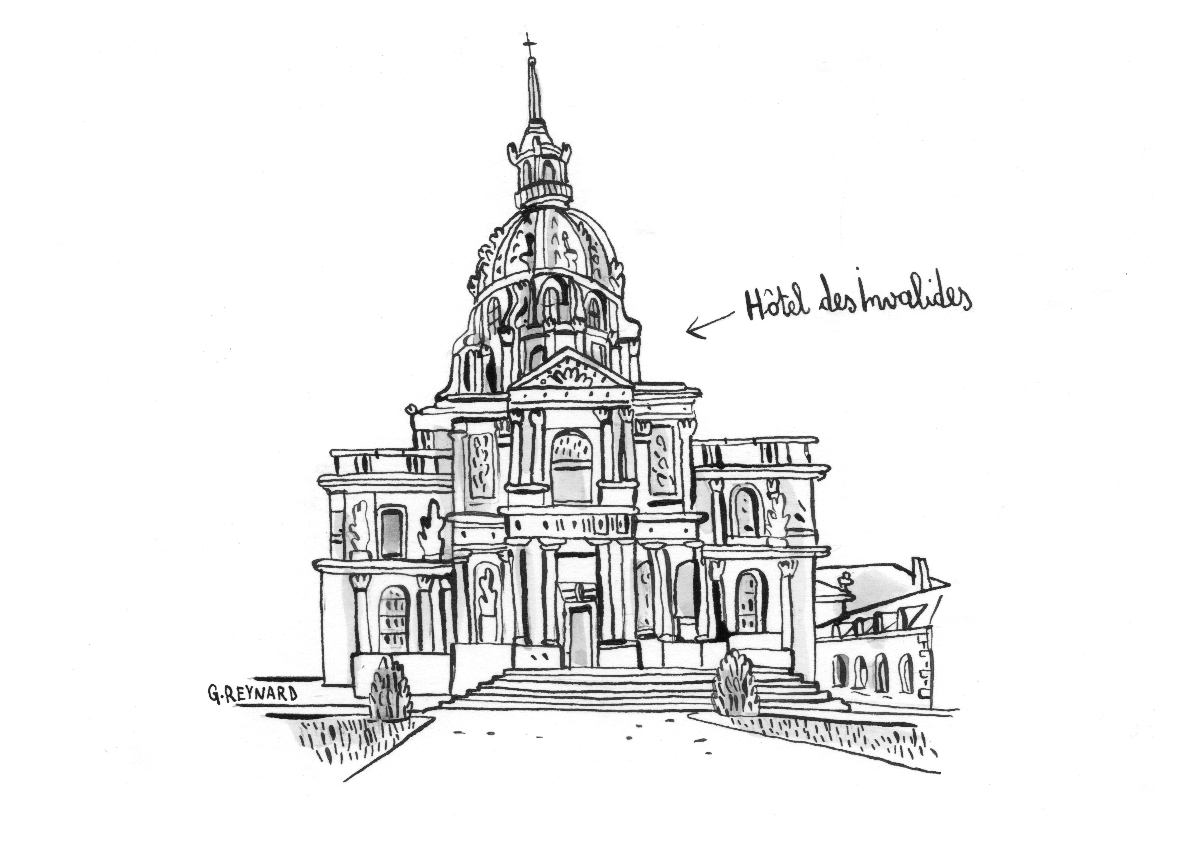 Dessin à la plume de l'hôtel des Invalides à Paris signé Guillaume Reynard
