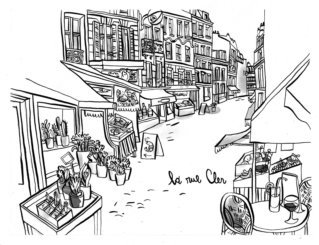 Dessin à la plume de la rue cler à Paris par Guillaume Reynard pour Varenne