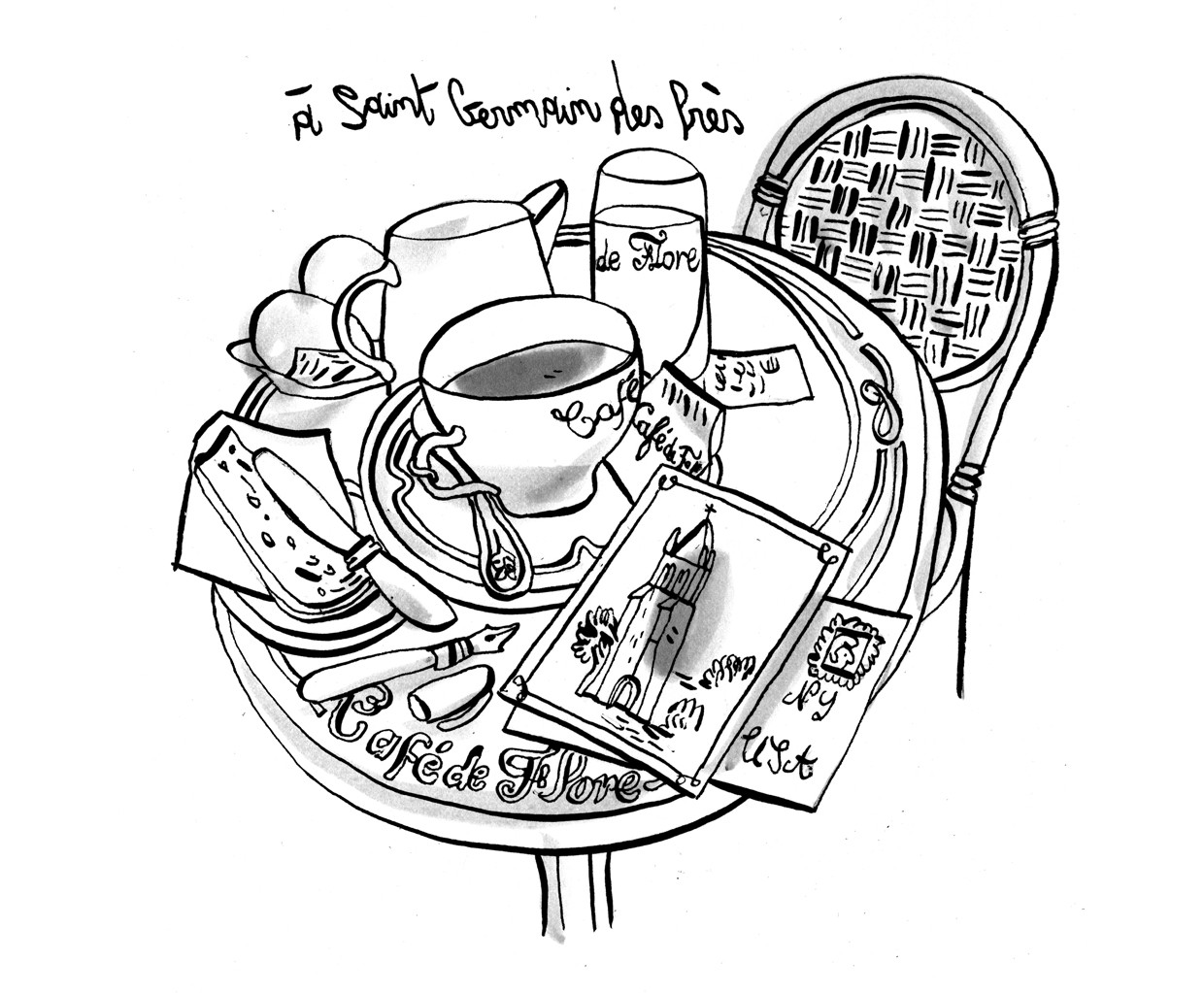 Dessin à la plume d&#039;une table de bistro au café de Floreà Saint-Germain-des-Prés Guillaume Reynard