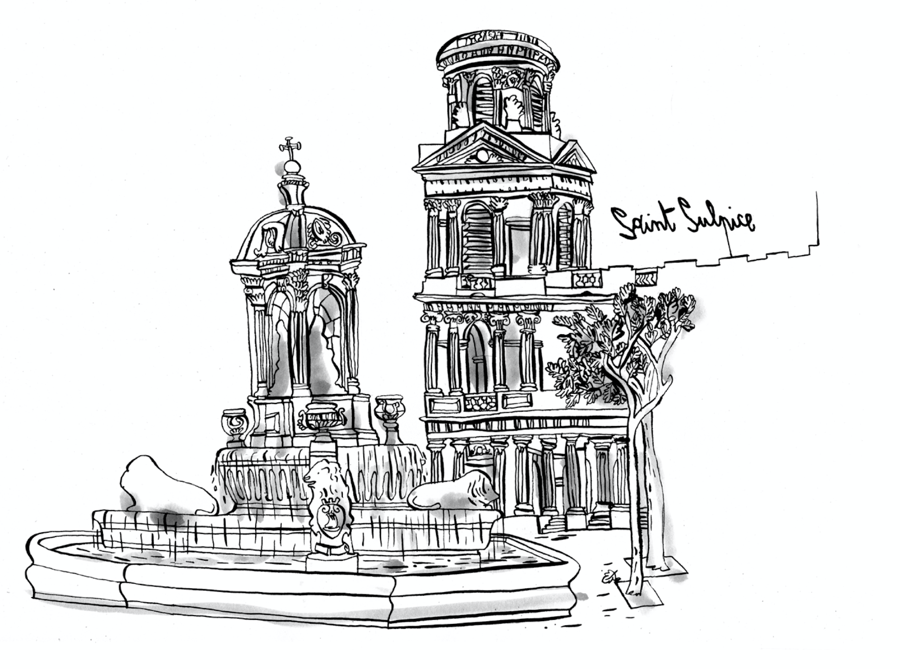 Dessin à la plume de la place Saint Sulpice avec sa fontaine et son église à Paris par Guillaume Reynard Varenne