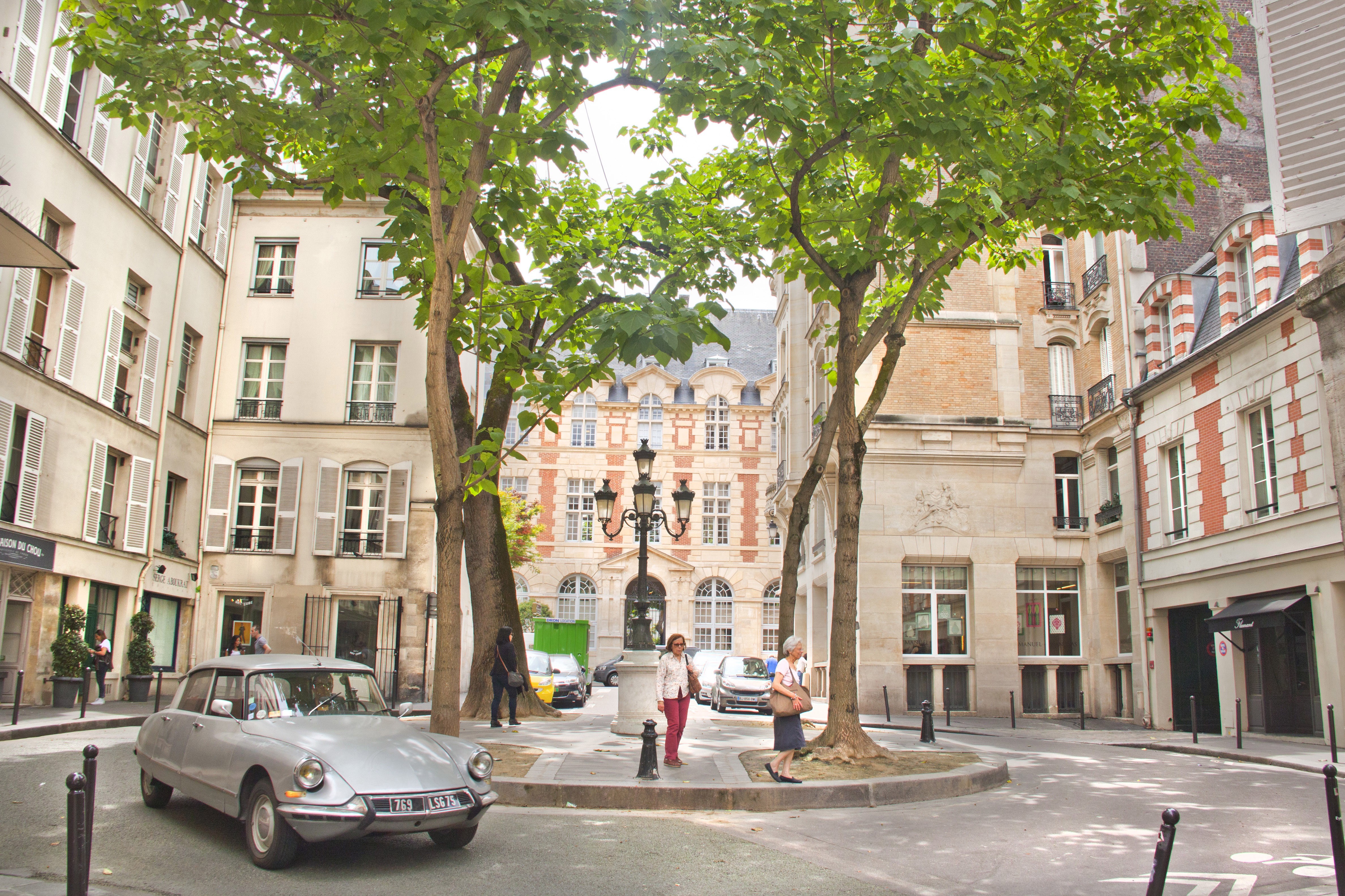 La place de Furstemberg, à Saint-Germain-des-Prés, de jours avec un airs de calme provincial à l’ombre des paulownias, avec des piétons et une ancienne DS de couleur argenté